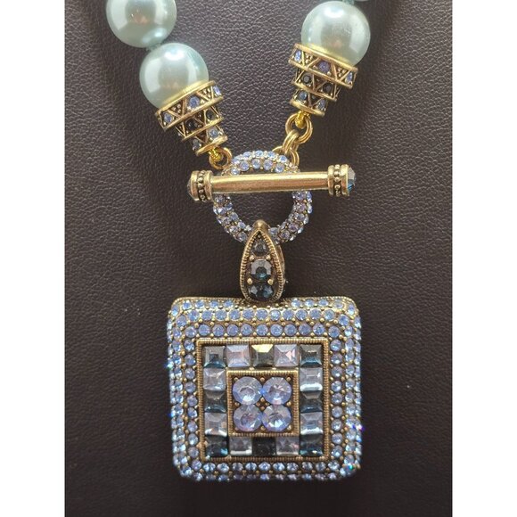 Heidi Daus Pearl Necklace Rhinestone Square Pendant Pale Aqua Blue - Picture 2 of 12